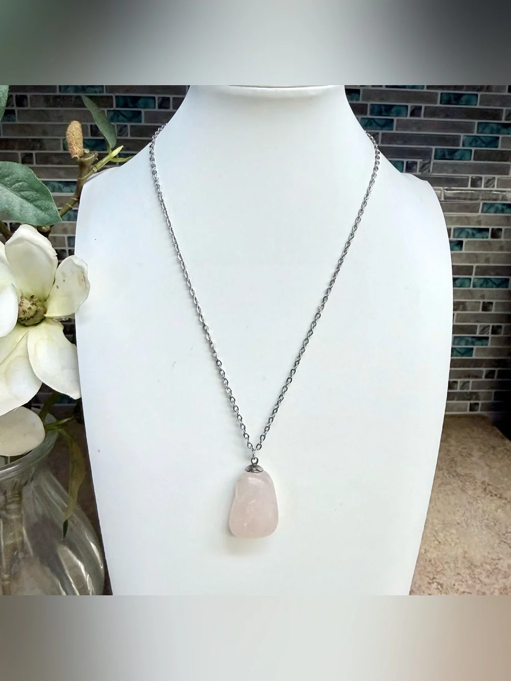 Pale pink rose quartz crystal necklace